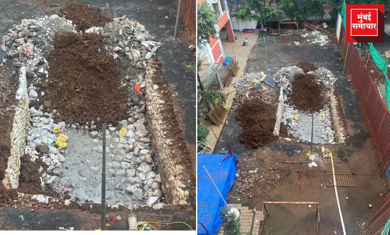 दहिसर मुंबई पब्लिक स्कूलच्या आवारातील कृत्रिम तलावासाठी खोदलेला १४ फूट खोल खड्डा