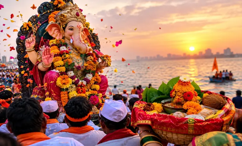 गणेश विसर्जन सोहळ्यात बाप्पाला शिदोरी बांधून देतानाचे भावूक दृश्य.