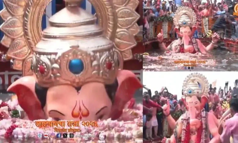 लालबागच्या राजाची भव्य विसर्जन मिरवणूक आणि गिरगाव चौपाटीवर बाप्पाला भावपूर्ण निरोप देणारे गणेशभक्त.
