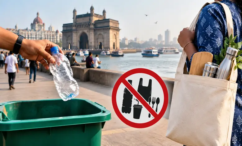 मराठी: मुंबईत महापालिकेकडून सुरू असलेली प्लास्टिकबंदीची धडक कारवाई आणि जप्त केलेले प्लास्टिक.