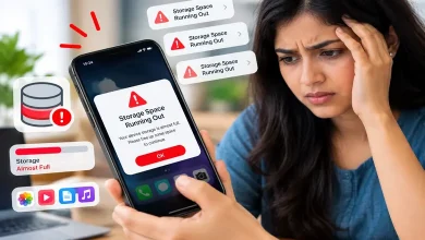 फोनचे स्टोरेज अचानक भरण्याची कारणे आणि ते साफ करण्याचे सोपे उपाय दाखवणारी संकल्पना.