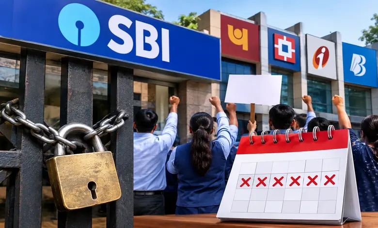 बँक संप आणि ५ दिवस बँका बंद असल्यामुळे एटीएम आणि डिजिटल व्यवहारांची माहिती देणारे चित्र.