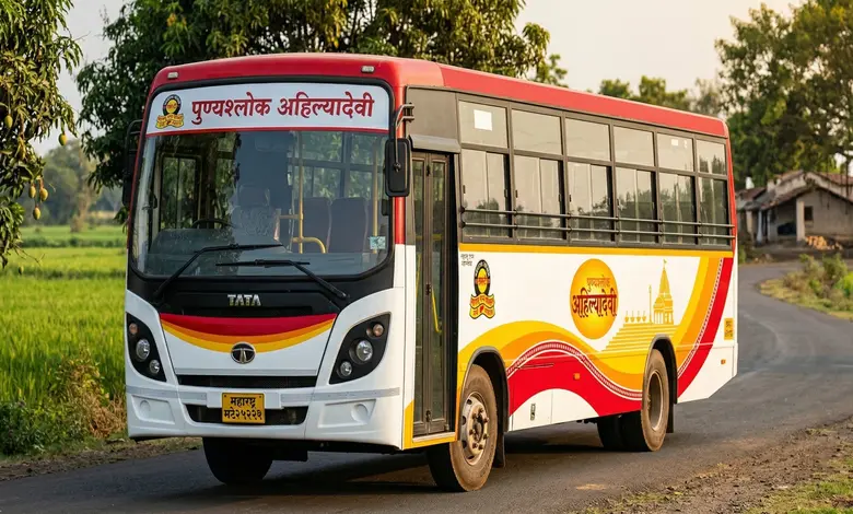 महाराष्ट्रातील दुर्गम आदिवासी पाड्यांवर प्रवाशांसाठी धावणारी 'पुण्यश्लोक अहिल्यादेवी' एसटी मिडी बस.