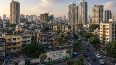 म्हाडाच्या जी.टी.बी. नगर पुनर्विकास प्रकल्पाअंतर्गत इमारती आणि परिसराचे दृश्य.