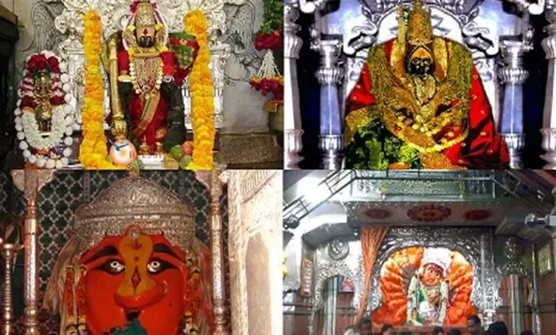 महाराष्ट्रातील साडेतीन शक्तिपीठे आणि नवरात्रोत्सवाचे धार्मिक महत्त्व दर्शवणारे छायाचित्र.