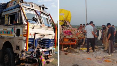 समृद्धी महामार्गावर धामणगाव रेल्वेजवळ झालेल्या ट्रक आणि बोलेरो अपघाताची घटनास्थळावरील दृश्ये