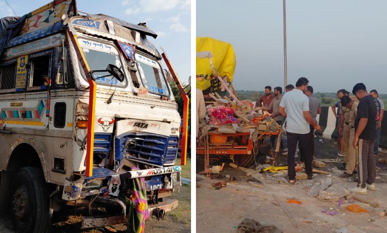 समृद्धी महामार्गावर धामणगाव रेल्वेजवळ झालेल्या ट्रक आणि बोलेरो अपघाताची घटनास्थळावरील दृश्ये