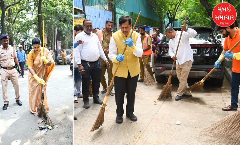 मुंबईत 'स्वच्छता हीच सेवा' अभियानाअंतर्गत रस्ते आणि परिसर स्वच्छ करताना लोकप्रतिनिधी व नागरिक.